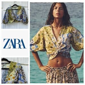 Zara Womens Floral Patchwork Knot Front Cropped Blouse Puff Sleeve Multicolor M